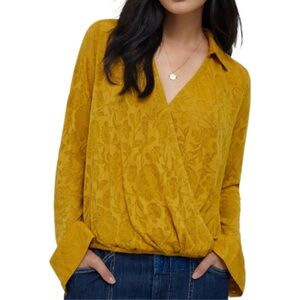 Maeve Anthropologie Lydia Floral Burnout Faux Wrap Top Yellow Semi-Sheer Medium